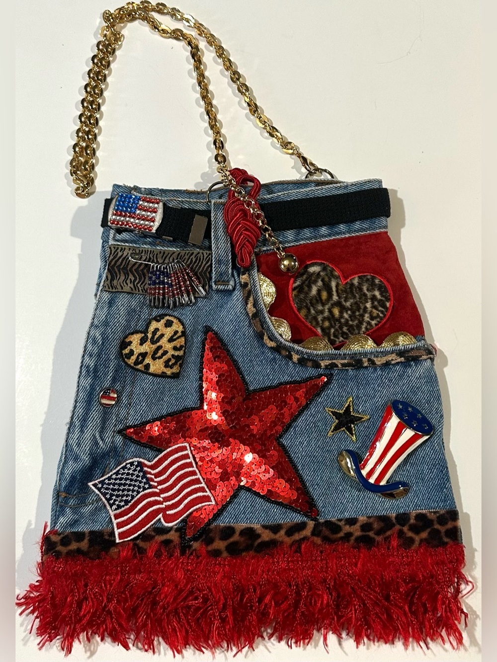 Jeans Denim Crossbody Bag with Embroidered Pocket Gold Chain - Custom Made Y2K - Picture 9 of 15